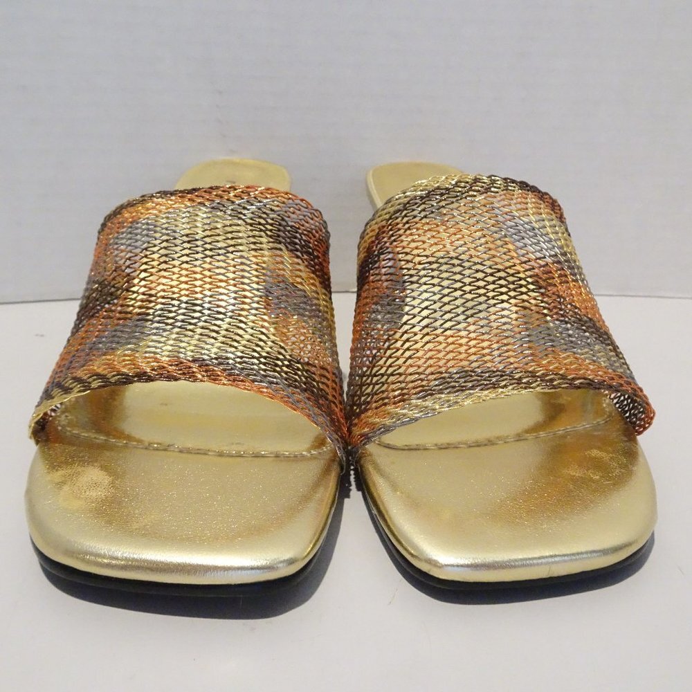 Pierre Dumas Gold Metallic Slide Sandals with Bronze Mesh